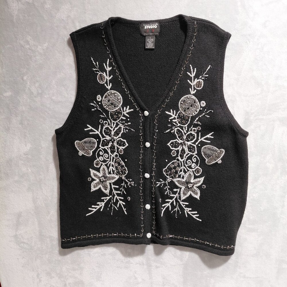 VTG Designer Originals Studio Joy Christmas Sparkly Button Sweater Vest Size L